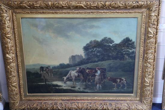 19th century English School Cattle and drover in a landscape, 22 x 29.5in.